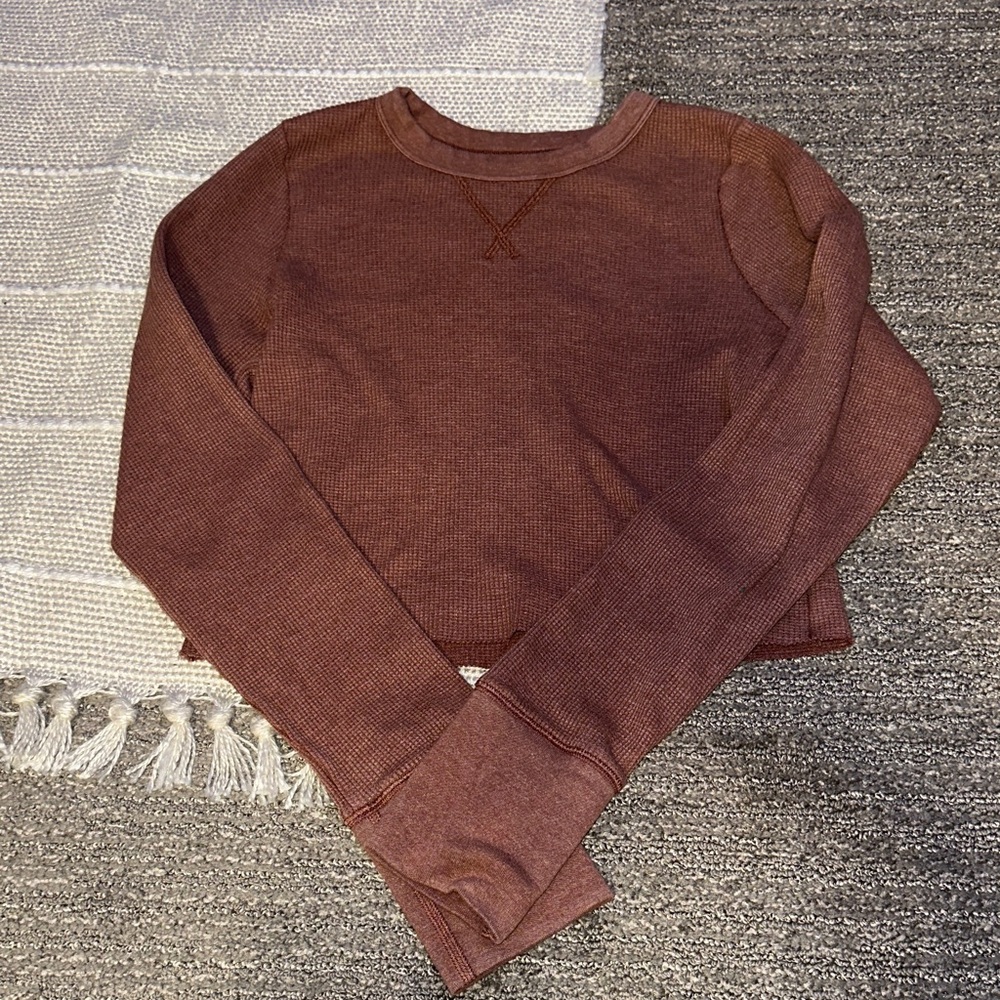 Aerie Women's Waffle Long Sleeve Brown Top